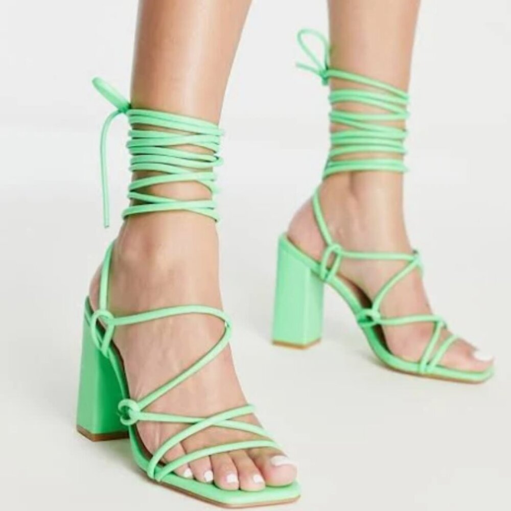 Simmi London tie ankle block heeled sandals in green